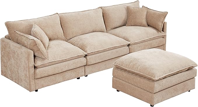 Cloud Couch Modular Sectional Sofa 102-Inch L-Shaped Chenille Fabric 3-Seater with Movable Ottoman Living Room Couch Set with Memory Foam Cushions (Coffee L)