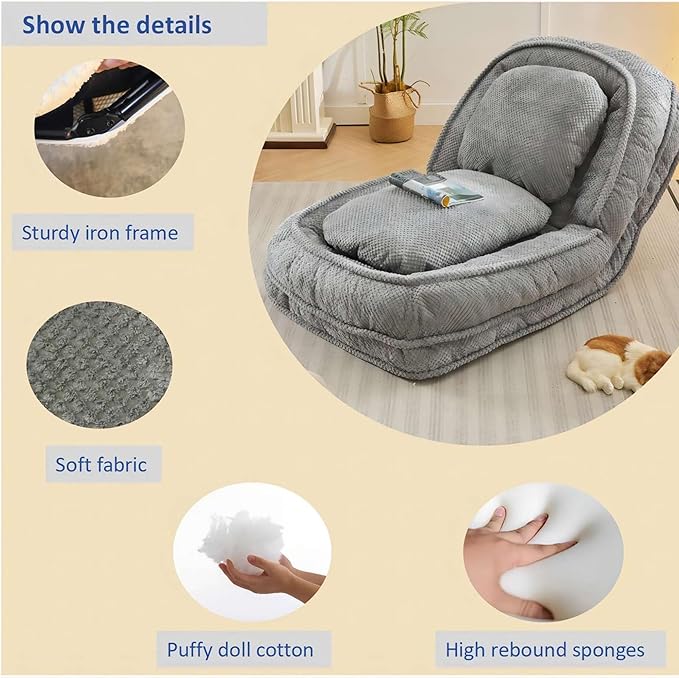 Lazy Sofa Couch 5 Adjustable Position Floor Sofa Fits with 2 Pillows Folding Tatami Lazy Bed Suit to Put in Bedroom Living Room (Gray)