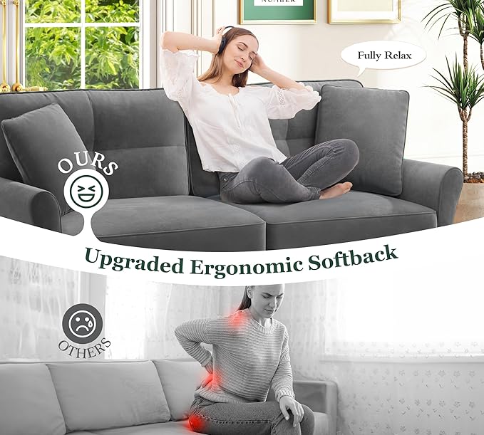 Loveseat Sofa 69 Love Seat Couches Comfy Velvet Small Sofa Couch for Bedroom with 2 Pillows Tool-Free Setup Sofas &amp Couches 700lb Load Sofas for Living Room Mini Couch for Bedroom Grey Couc