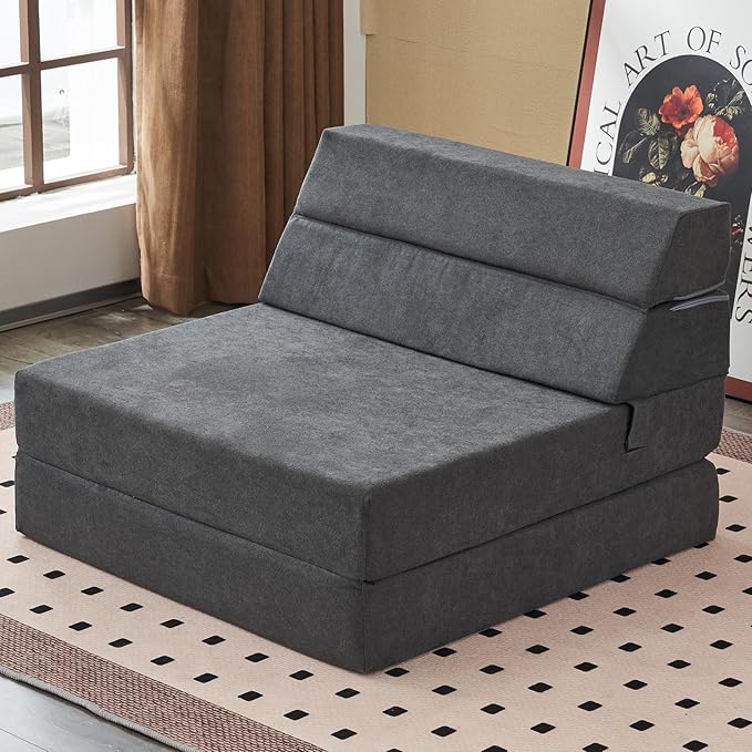 jela Foldable Sofa Bed Large Soft Foam Convertible Sleeper Chair Luxury Miss Fabric Fold Out Chair Bed Floor Couch with Back Support Floor Sofa for Living Room Bedroom (83x33Dark Gray)