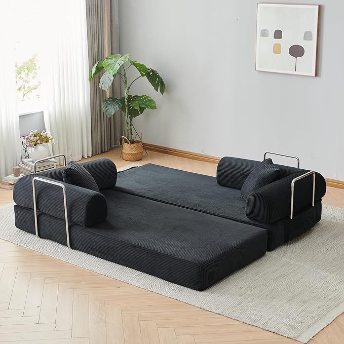 Antetek Modular Couch Bed Convertible Folding Plush Corduroy Comfy Floor Compression Loveseat Sleeper Sofa Couch King Size Bed for Guest Room Living Room Bedroom No Assembly Required Dark Black
