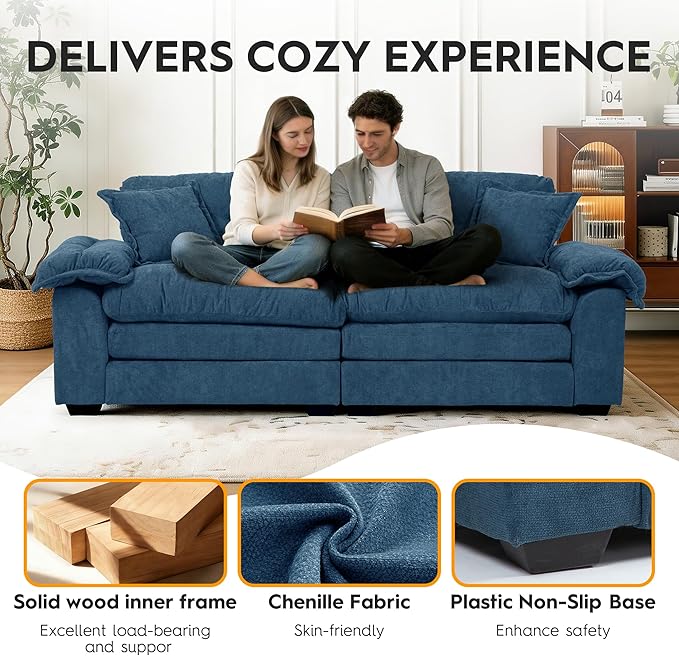 Modern 84 Chenille Loveseat Sofa Ultra-Comfy Upholstered Couch with 2 Pillows for Apartment Living Room Bedroom or Home Office (Blue)