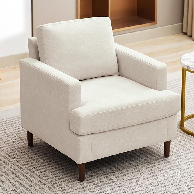 Mid-Century Accent ChairModern Linen Fabric Armchair for Living RoomComfy Upholstered Reading Accent Chairs for BedroomSingle Sofa Chair with Wood Legs (Beige 1 Pack)