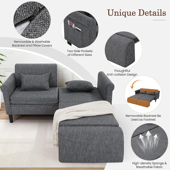 SEJOV 74 Convertible Sofa Bed 5-in-1 Loveseat Sleeper Sofas with Pull Out Couch Bed Storage Pockets &amp 2 Pillows Modern Folding Linen Futon Couch for Living Room Bedroom Small Space Dark Gra