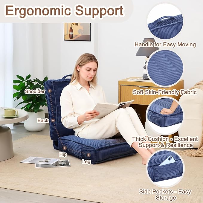 Adjustable Floor Chair with Back Support 6-Position Folding Meditation Chair Floor Sofa Chairs for Adults Comfy Accent Chairs for Reading Gaming Living Room Bedroom Navy Blue