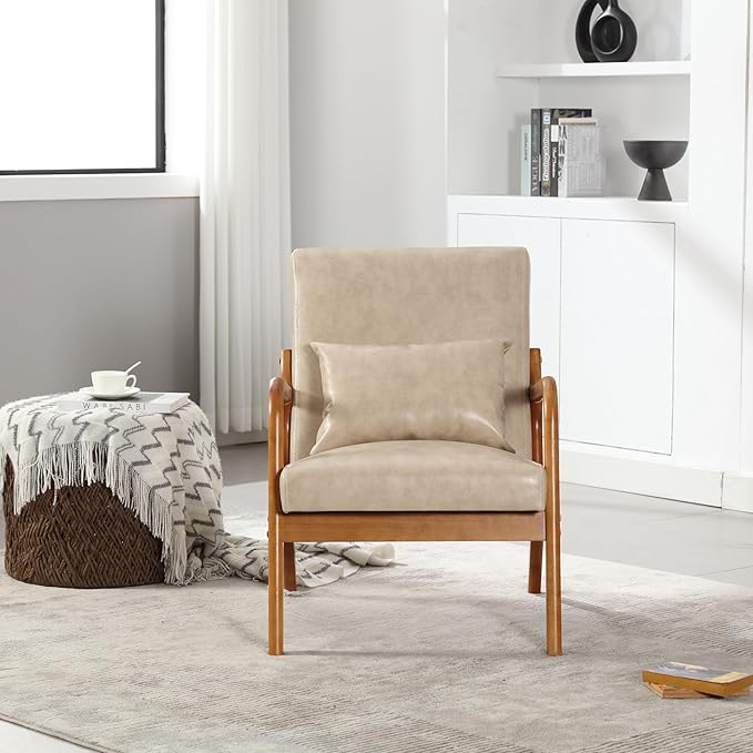 Modern Accent Chair Solid Wood Padding Lounge Armchairs with One Pillow for Living Room Bedroom Guest Room (Khaki PU)
