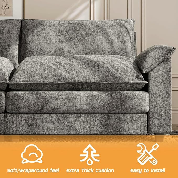 Shahoo Sectional Modular Sofa U Shaped Chenille Fabric Couch with High Supportive &amp Soft Sponges and Removable Ottoman Sleeper Comfy Upholstered Furniture for Living Room Dark Grey
