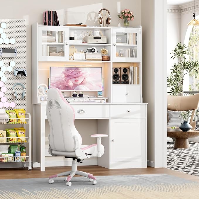 FACBOTALL Computer Desk with Hutch and RGB Lights 65 Office Desk with Power Outlet Makeup Vanity with 3 Doors &amp 3 Drawers White Executive Desks for Home Work and Study