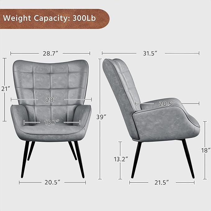 Yaheetech Accent Chairs Large PU Leather High-Back Chair w/Metal Legs Pottery Barn Style Living Room Chairs for Bedroom/Home Office Gray