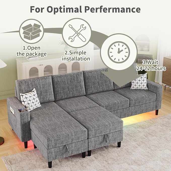 Sectional Couches for Living Room 6-Seats Soft Linen Fabric Sectional Sofa with Storage Ottoman Modern Convertible U/L Shaped Couch with Smart Charging Module/LED Light/Music Sync (Light Grey)
