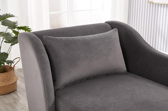 58 Modern Velvet Sofa Chaise with Tilted Backrest Comfortable Luxurious Lounge Chair with Curved Armrests Stylish Sofa Couch with Solid Wood Legs for Study Room Apartment Bedroom Living Room Grey