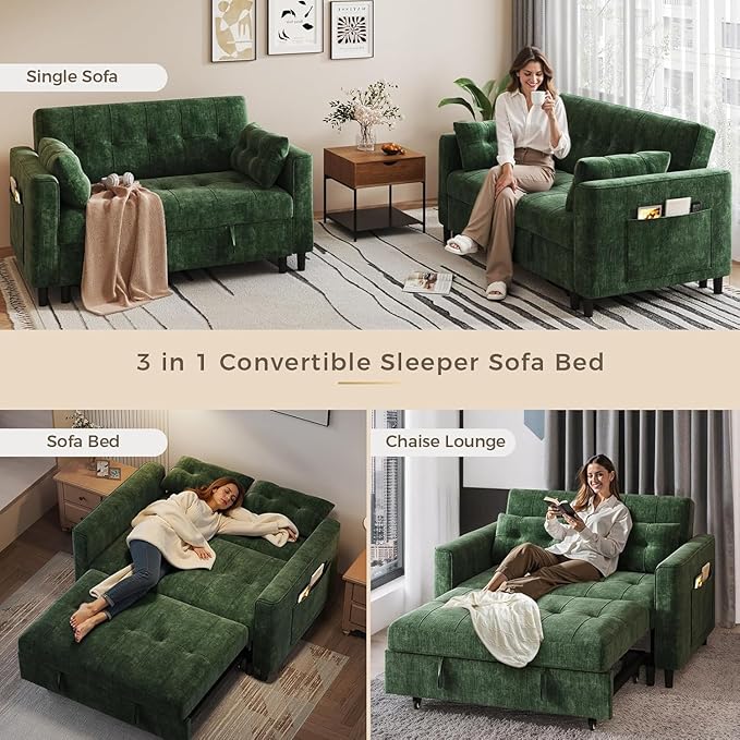 KKL 3 in 1 Convertible Sleeper Sofa Bed Pull Out Couch Bed with Adjustable Backrest Chenille Loveseat Pullout Couches with Side Pocket for Living Room Bedroom (Green)