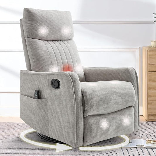 cinkehome Heated Massage Swivel Rocker Recliner Chair Nursery - Small Space Reclining Chair with Lumbar Support 360° Swivel &amp Gentle Rocking Ergonomic High Back Chenille Fabric Beige