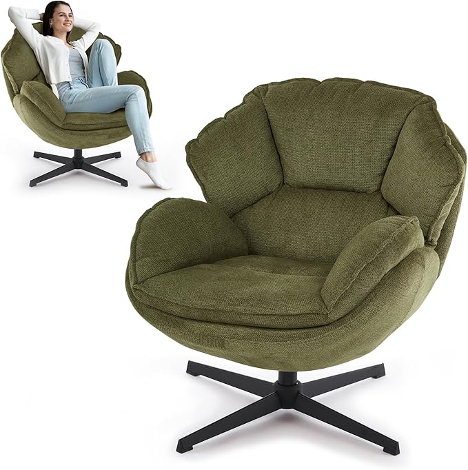 IWMH Swivel Accent Chair for Living Room Upholstered Armchair with Metal Legs Lounge Sofa Chair Comfy Leisure Chairs for Bedroom Reading (Green)