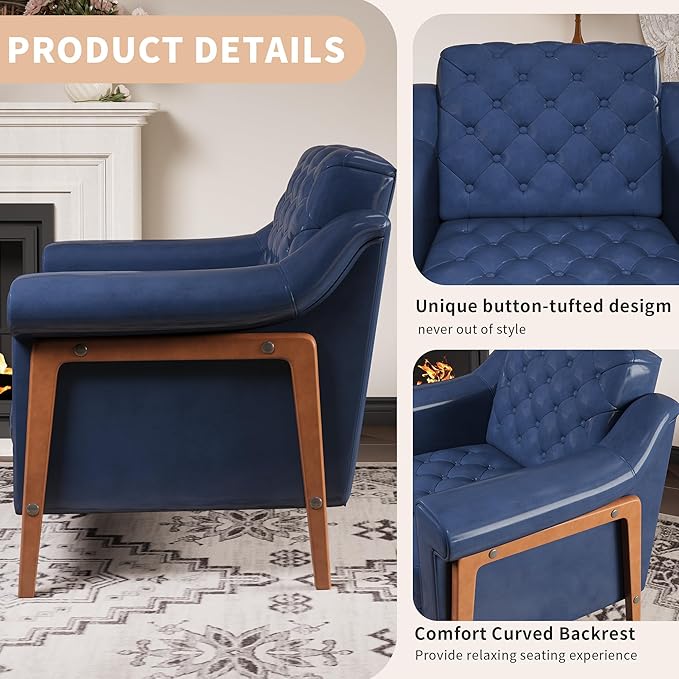 EJUNQ Cozy Accent ChairPU Leather Modern Living Room ChairsMid-Century Office Reading ChairSingle SofaArmchair for Bedroom Apartment Waiting Room(Dark Blue)