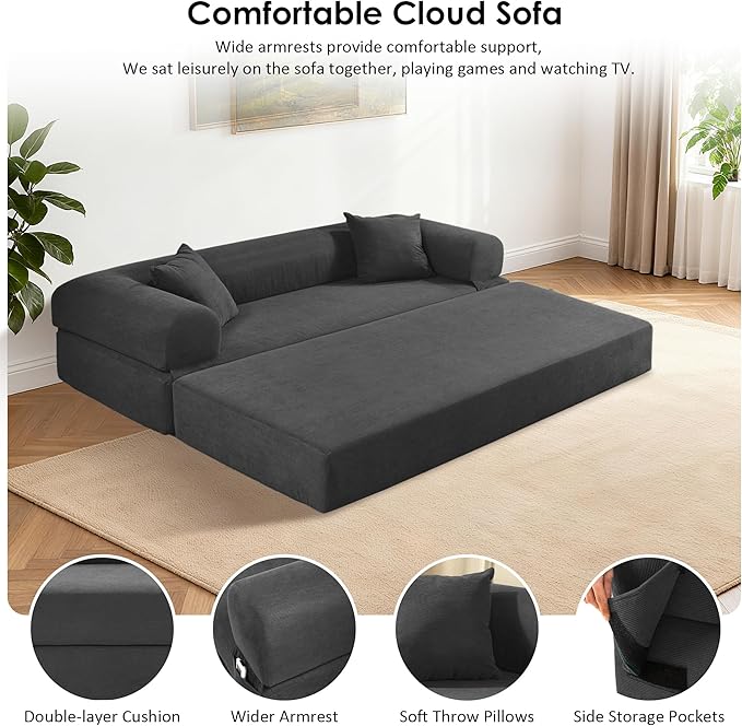 80 Convertible Sofa Bed Corduroy Deep Seat Folding Pull Out Couch with Pillows No Assembly Modern Boneless Couch Compression Sofa in Box Floor Sofa with Storage Pocket for Living RoomDark Grey
