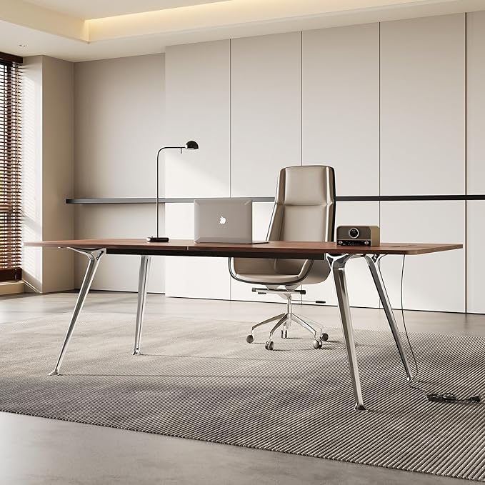 60-Inch Executive Desk Computer Office Desk Workstation with Chrome-Plated Legs and Built-in Power Outlet Writing Table Business Furniture Modern Minimalist Style for Home Office Walnut