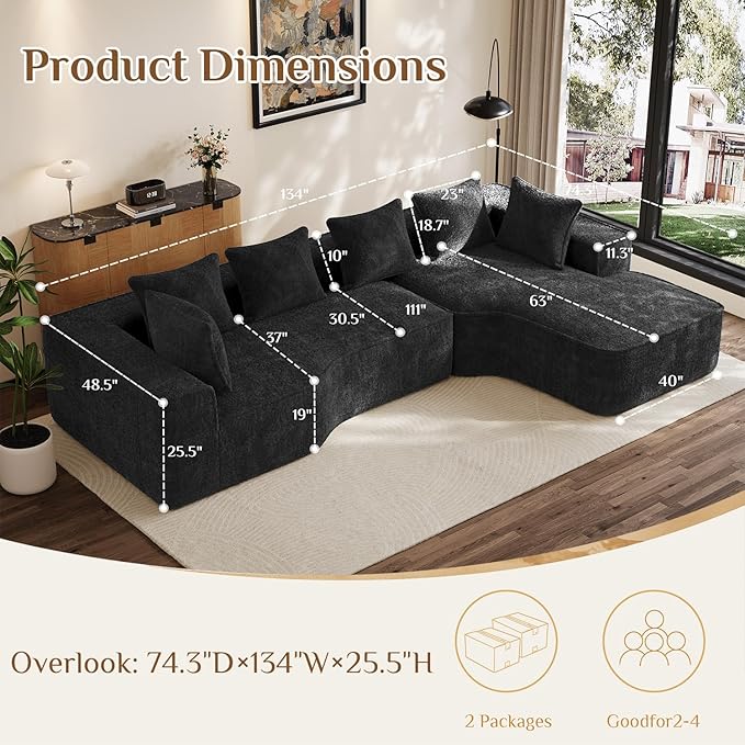 134'' Cloud Couch Modular Sectional Sofa Comfy L Shaped Couches for Living Room Fluffy Chenille 5 Seater Boneless Couch with Oversized Chaise &amp Deep Seat No Assembly Required(Black)