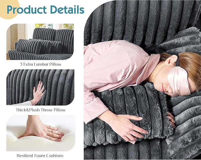 VanAcc 89 Inch Sofa Modern Sofa Couch with Deep Seats Comfy Sofa with 3 Throw Pillows Upholstered Couch for Living Room Grey Couch