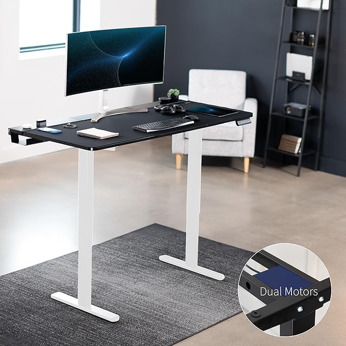VIVO Electric 60 x 30 inch Standing Desk with Concealed Trays and Full-Size Mouse Pad Dual Motor Memory Controller Height Adjustment Black Top White Frame DESK-KIT-E2W-P3B