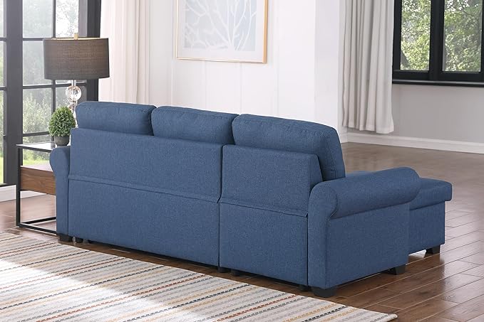 83 L-Shaped Sleeper Sectional Sofa with Storage Chaise &amp Cup Holders – Pull-Out Convertible Bed 3-in-1 Space-Saving Design for Apartments Modern Linen Fabric Easy Assembly