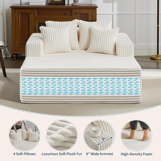 Oversized Chaise Lounge Chair Indoor 61 D x 54 W 2‑Person Comfy Cloud Boneless Couch Corduroy Foam No Assembly Required Sofa Bed with 4 Pillows &amp Armrests for Living Room &amp Bedroom