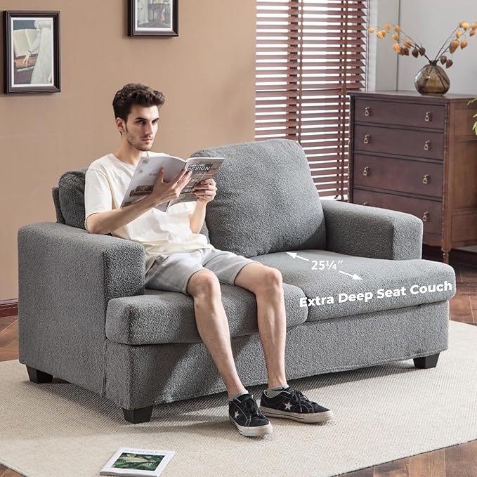 Furnimart 63 Loveseat Couch Modern Deep Seat Sofa for Living Room Comfy Love Seat Couches for Small Spaces Removable Sofa Cover Small Two Seater Couch for Bedroom Office Faux Fur Dark Grey