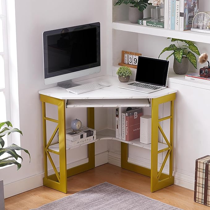 VECELO Corner Desk Computer Desk Writing Table with Smooth Keyboard Tray &amp Storage ShelvesCompact Home Office Triangle TableGold &amp White