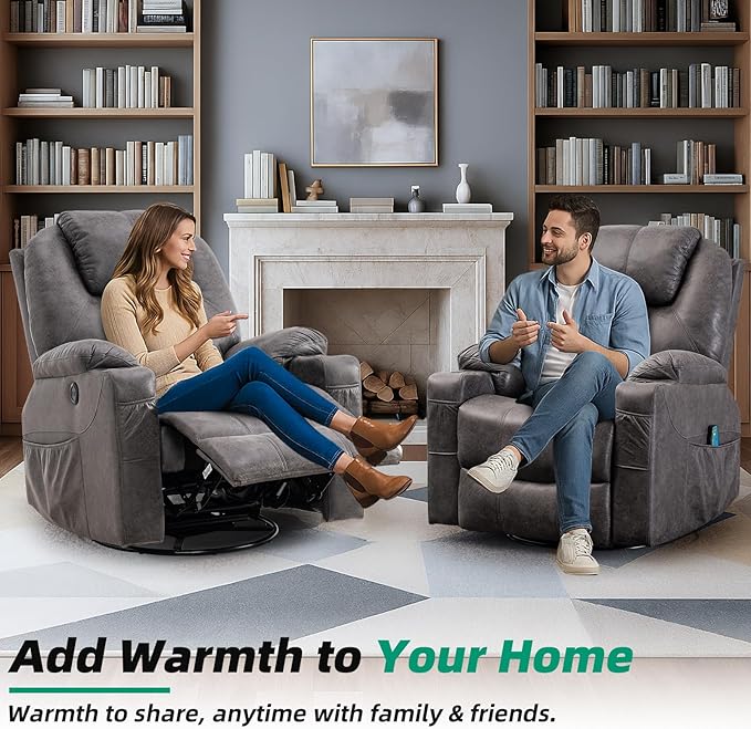 VIVIJASON Manual Massage Rocker Recliner Chair 360° Swivel Glider Lounge Chair with Heat Ergonomic Home Theater Recliner Sofa with 2 Side Pockets Cup Holders &amp USB Ports for Living Room Gray
