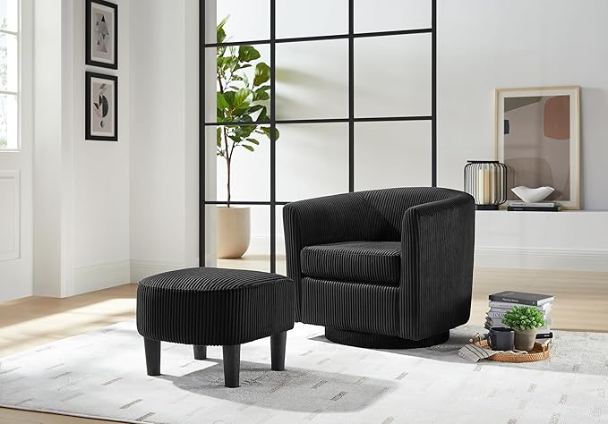 Swivel Accent Chair 360° Comfy Recliner Corduroy Arm Chair Single Sofa with Ottoman for Living Room BedroomBlack