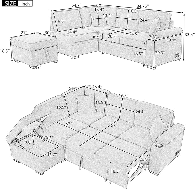 Merax Sofa Bed Sleeper Couch L Shaped Sofa with Storage Ottoman and Cup Holder L-Shape Sectional Couch with Comfortable backrest and Charging Function for Living Room and Small Apartment (Beige)