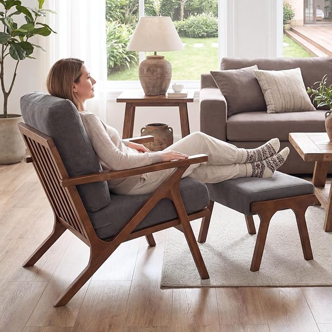 chairus Mid-Century Modern Accent Chair with Ottoman Comfy Upholstered Lounge Armchair with Removable Cushions &amp Solid Wood Frame Reading Chair for Living Room Bedroom Office Grey Denim Fabric