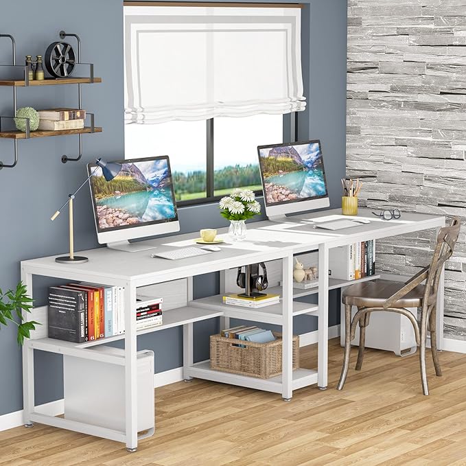 Tribesigns Two Person Desk with Bookshelf 78.7 Computer Office Double Desk for Two Person Rustic Writing Desk Workstation with Shelf for Home Office (White)