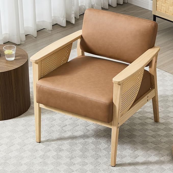 Mid-Century Accent Chair Modern Rattan Armchair PU Leather Lounge Chair with Wood Legs Upholstered Leisure Chair for Living Room Bedroom Reception Room Brown