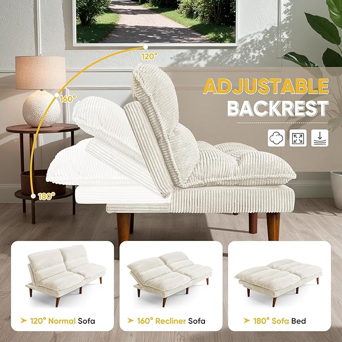 Flamaker Convertible Futon Sofa Bed Futon Couch with Adjustable Back Upholstered Sleeper Sofa Bed for Living Room Furniture (Corduroy White)