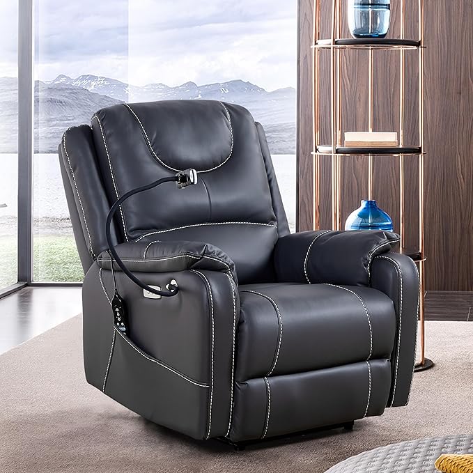 GDFStudio Zero Gravity Power Recliner Chair with Massage Heat Adjustable Phone HolderUSB Charging PortsSide PocketsOkin MotorBonded LeatherFloating Comfort for Living RoomBlack