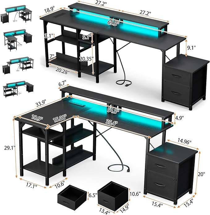 YOUNGAR L Shape Gaming Desk with File Drawers&ampPower Outlet 69.3 Inch Reversible 2 Person DeskCorner L Shape or Long Desk Set upMonitor Stand &ampStorage Shelves LED Lights &ampCPU StandBlac