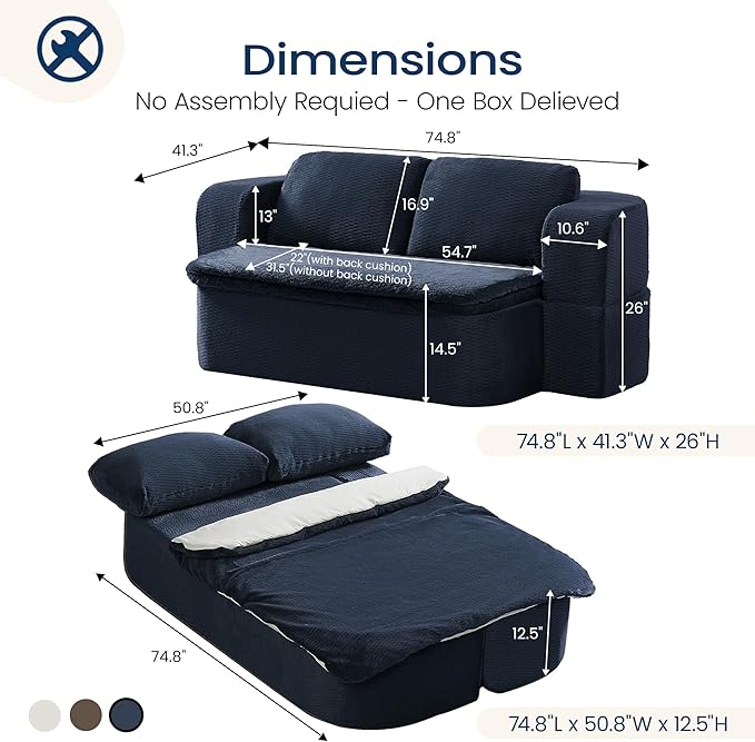 74.8 Inch Convertible Sleeper Sofa Bed Compressed Loveseat Sofa Folding Floor Mattress with Pillows and Blanket Small Couches for Living Room Bedroom Lounge No Assembly Required (Dark Blue)