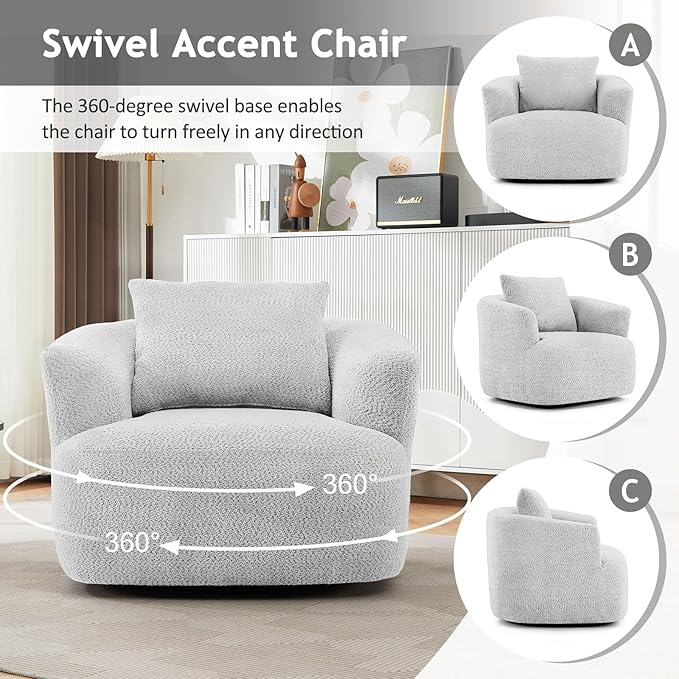 38.2 Swivel Accent Chair Boucle Green Upholstered Armchair Comfy Single Cloud Sofa Chair with Ergonomic Armrests &amp Throw Pillow for Nursery Living Room &amp Offices (Light Grey)