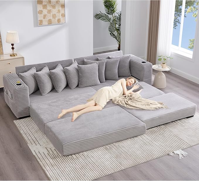 111 Inch Sleeper Sofa Bed | Convertible Cloud Sectional Couches for Living Room | L-Shaped Couch with Cup Holder Side Pocket 8 Pillpws | Light Grey