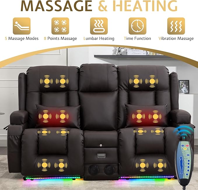 URRED Power Reclining Loveseat Sofa with Console RV Couch Loveseat Recliner Sofa with Massage &amp Heat LED Light Cupholders Bluetooth Speakers USB Charge Ports Outlets Faux Leather Dark Brow