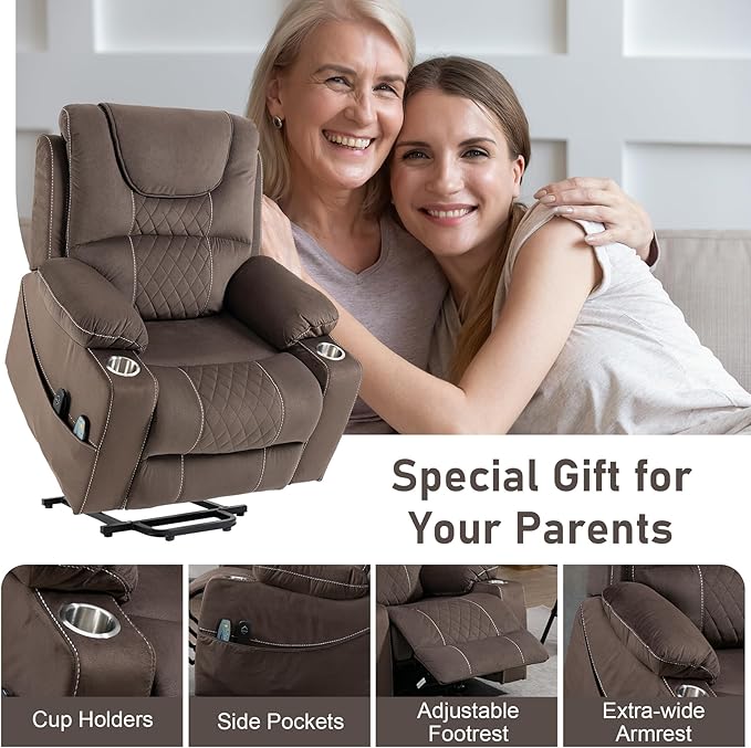 Oversized Power Lift Recliner Chair for Big and Tall 400 LBS Elderly 26 Large Electric Recliner Chair with Massage and Heating Lay Flat Zero Gravity Recliner Sofa Velvet Coffee Brown