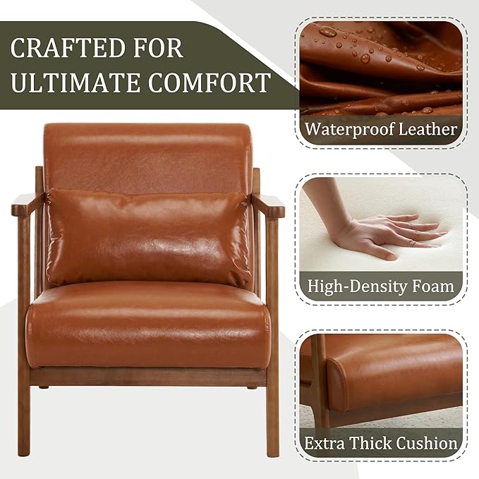 Accent Chair and Ottoman Set Mid-Century Modern Faux Leather Armchair with Solid Wood Frame for Living Room Bedroom Balcony Brown