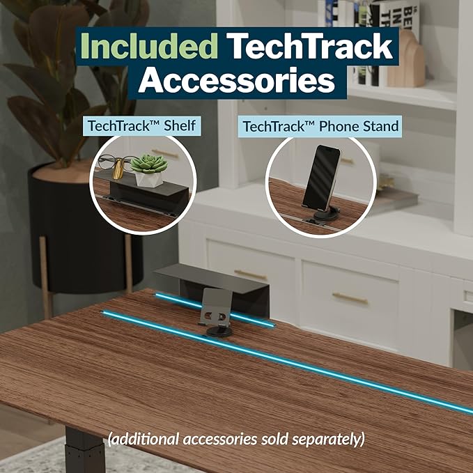 Vari ComfortEdge 60x30 Inch Adjustable Electric Standing Desk with TechTrack – Sit Stand VariDesk with Memory Presets Included Phone Stand &amp Shelf 200 LB Capacity Tool-Free Assembly (Walnut)