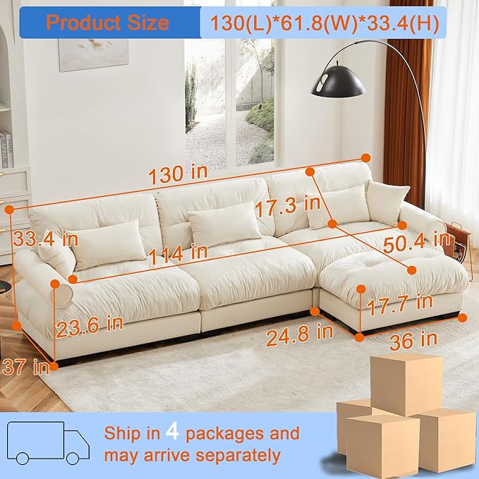 L Shaped Sectional Couch130 Modular Cloud Sectional Sofa with OttomanUpholstered Modular Sofa L Shaped Couch for Living Room (Cream)