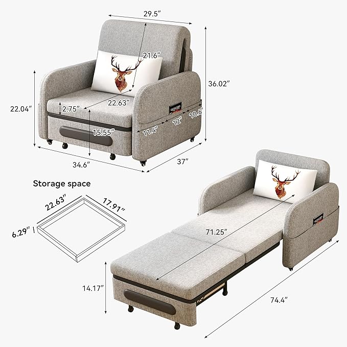 34.6 Pull Out Sofa Bed Convertible Sleeper Sofa 2-in-1 Couch Bed for Living Room &amp Small Spaces RV Sofa Bed Multi-Functional Folding Loveseat Gray