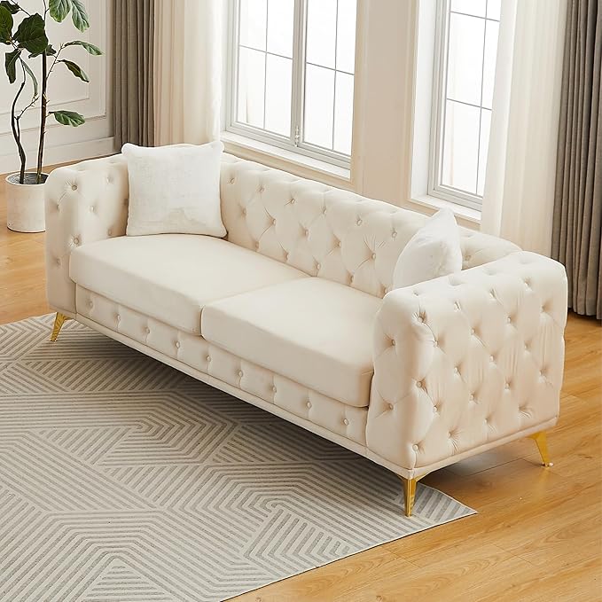 82.5'' Velvet Chesterfield Sofa Button Tufted Upholstered Sofa Couches with 2 Pillows Golden Metal Feets Removable Thick Cushions Comfy Chesterfield Couches for Living Room Apartment Beige