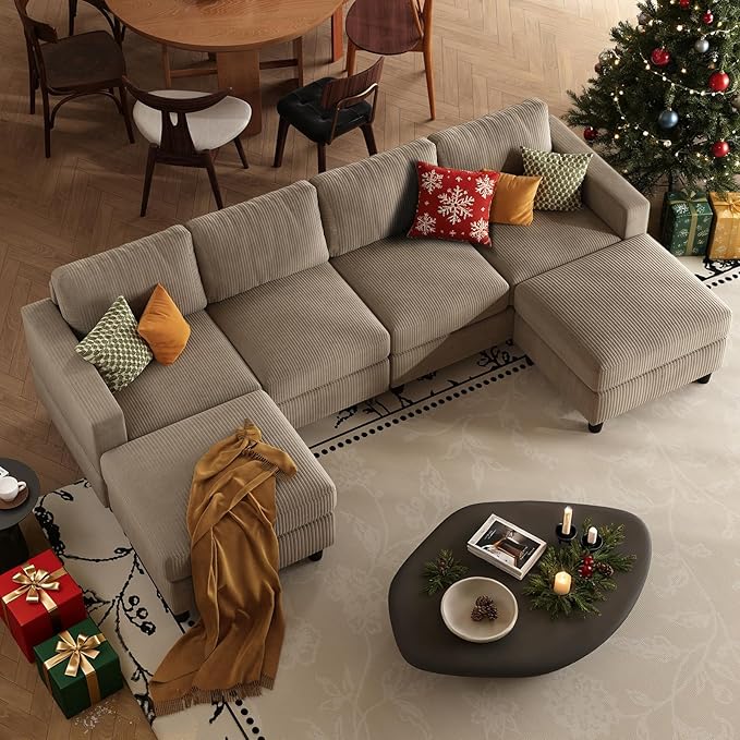 101 Inch Brown Corduroy Sectional Sofa U Shaped Sectional Sofa with 2Ottomans 6 Seater Convertible Corduroy Sofa Comfortable Living Room Couch (Camel 4 Seat with 2 Ottoman)
