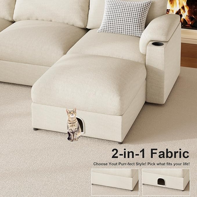 Sectional Couches for Living Room FSC Certified Velvet Modular Couch Oversized Cloud U Shaped Convertible Sleeper Sofa Chaise Detachable Armrest Cushio (Chenille Beige U Shape 8 Seat)