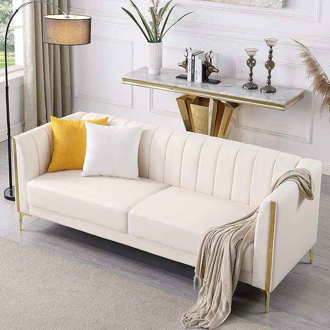 FOTOSOK White Leather Couch Sofa Office Couches 78'' Apartment Faux Leather Sofa with 2 Throw Pillows &amp Gold Metal Legs Waterproof 3 Seater Couches for Small Living Room Luxury Cloud Sofa